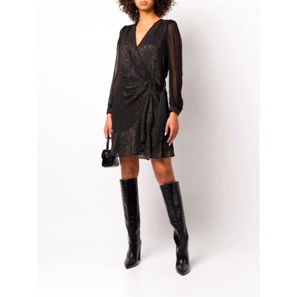 Diane Von Furstenberg DVF Clarice Metallic Wrap Mini Dress in Black/Gold 16